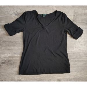 Lauren Ralph Lauren Women's Large Black Blouse Rolled Sleeve Scoop Neck Pullover